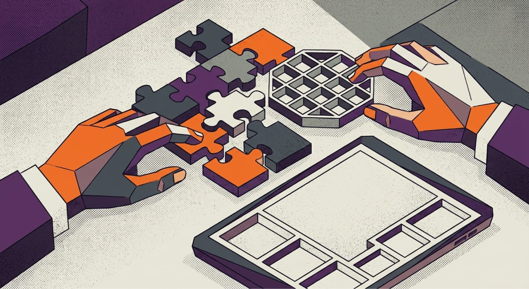 Faceted editorial illustration of hands interacting with abstract puzzle tiles and grids, representing thoughtful word games for adults.