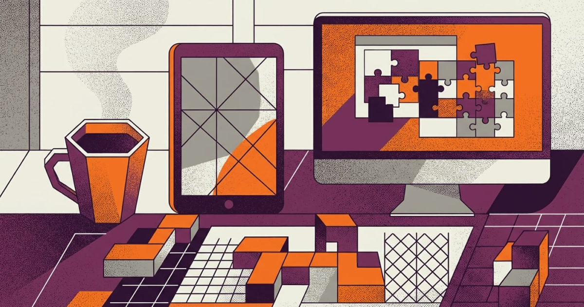 Abstract geometric illustration of layered puzzle boards and tiles representing a curated set of adult word games.