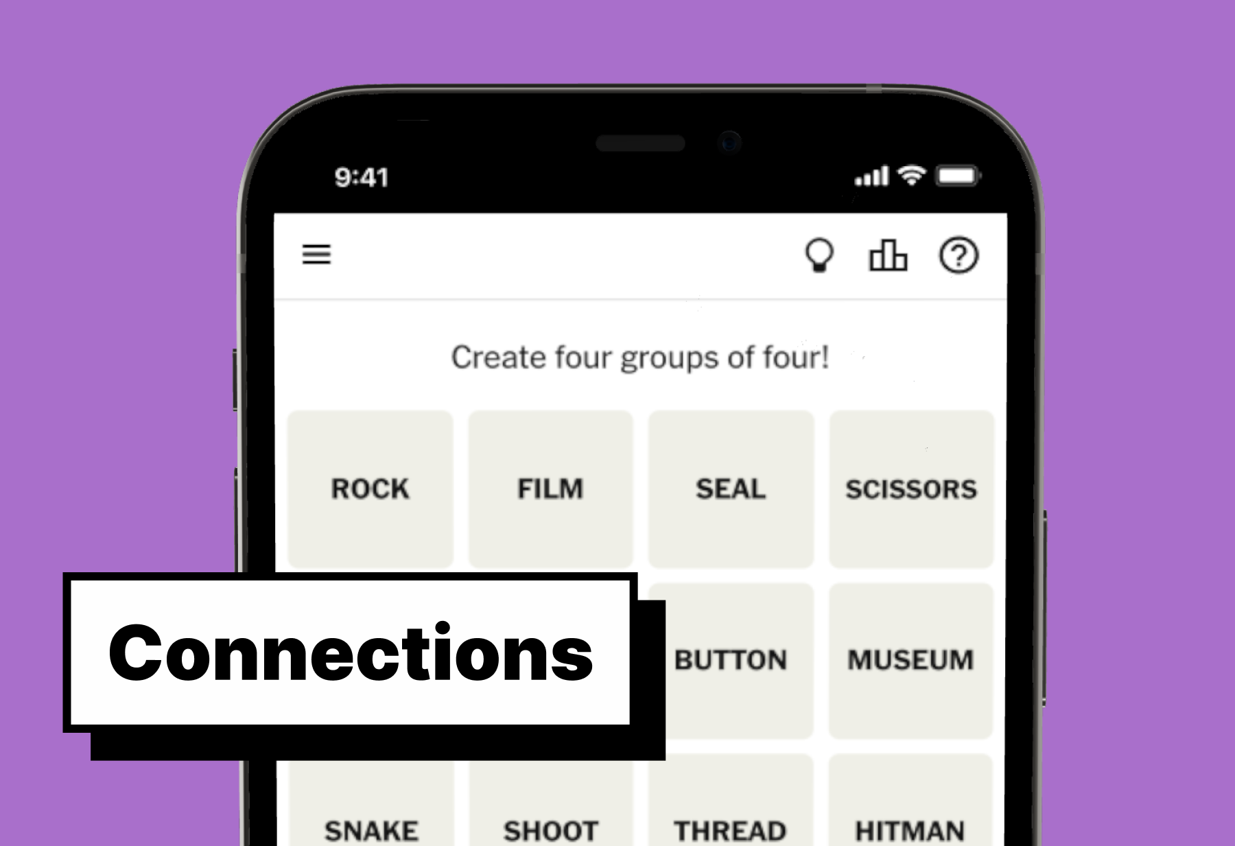 NYT Connections game showing 16 words grouped into four categories