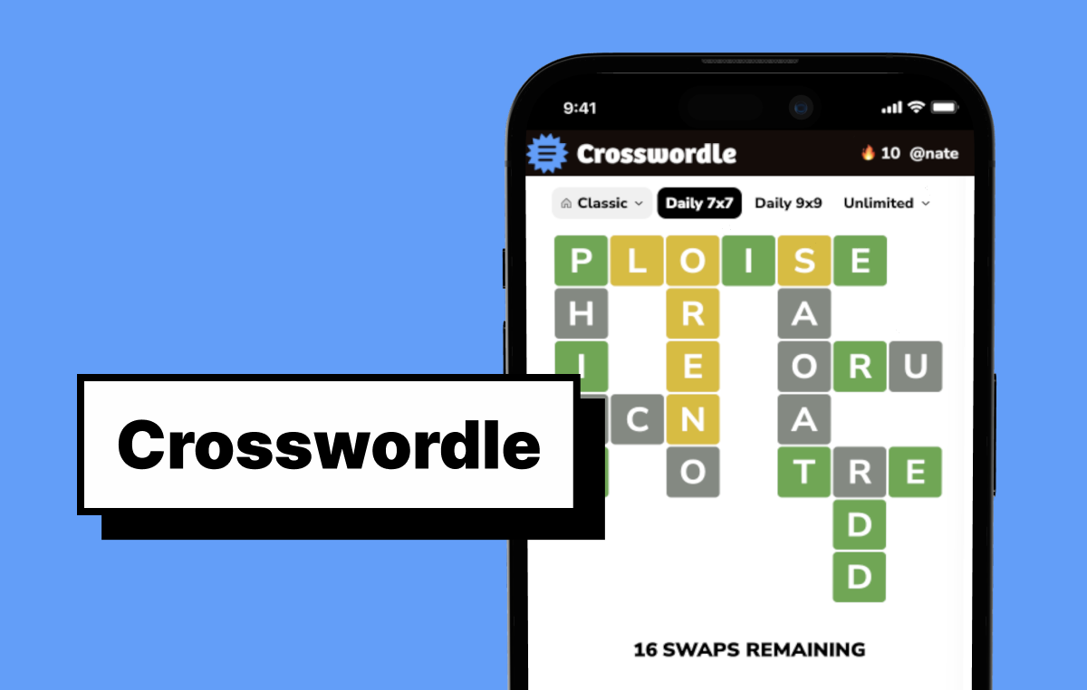 Crosswordle game screen on mobile showing a beginner-friendly crossword puzzle with color feedback and simple word clues.