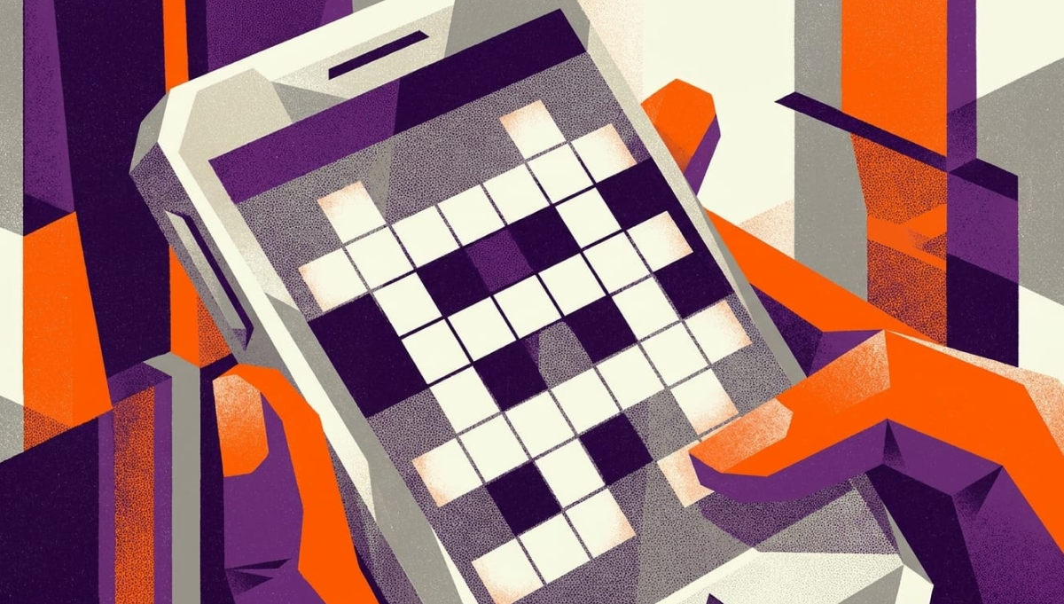 Stylized full-frame crossword puzzle grid illustration with beginner-friendly online crossword structure in an abstract geometric style.