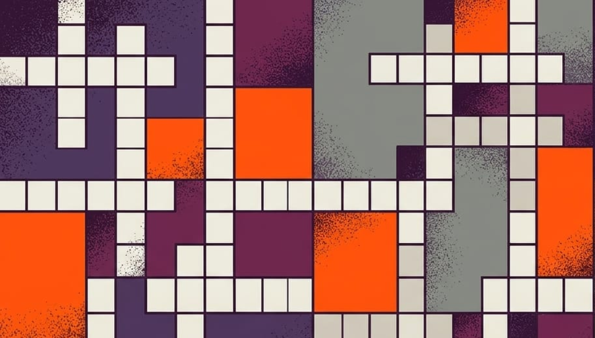 Abstract geometric crossword grid illustration with clear answer squares and blocked squares in a stylized editorial design.