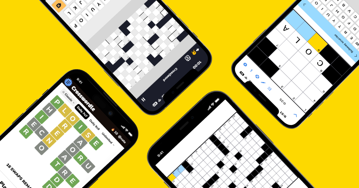 Four mobile crossword game screens on a bright yellow background showing different easy online crossword puzzle styles for beginners.