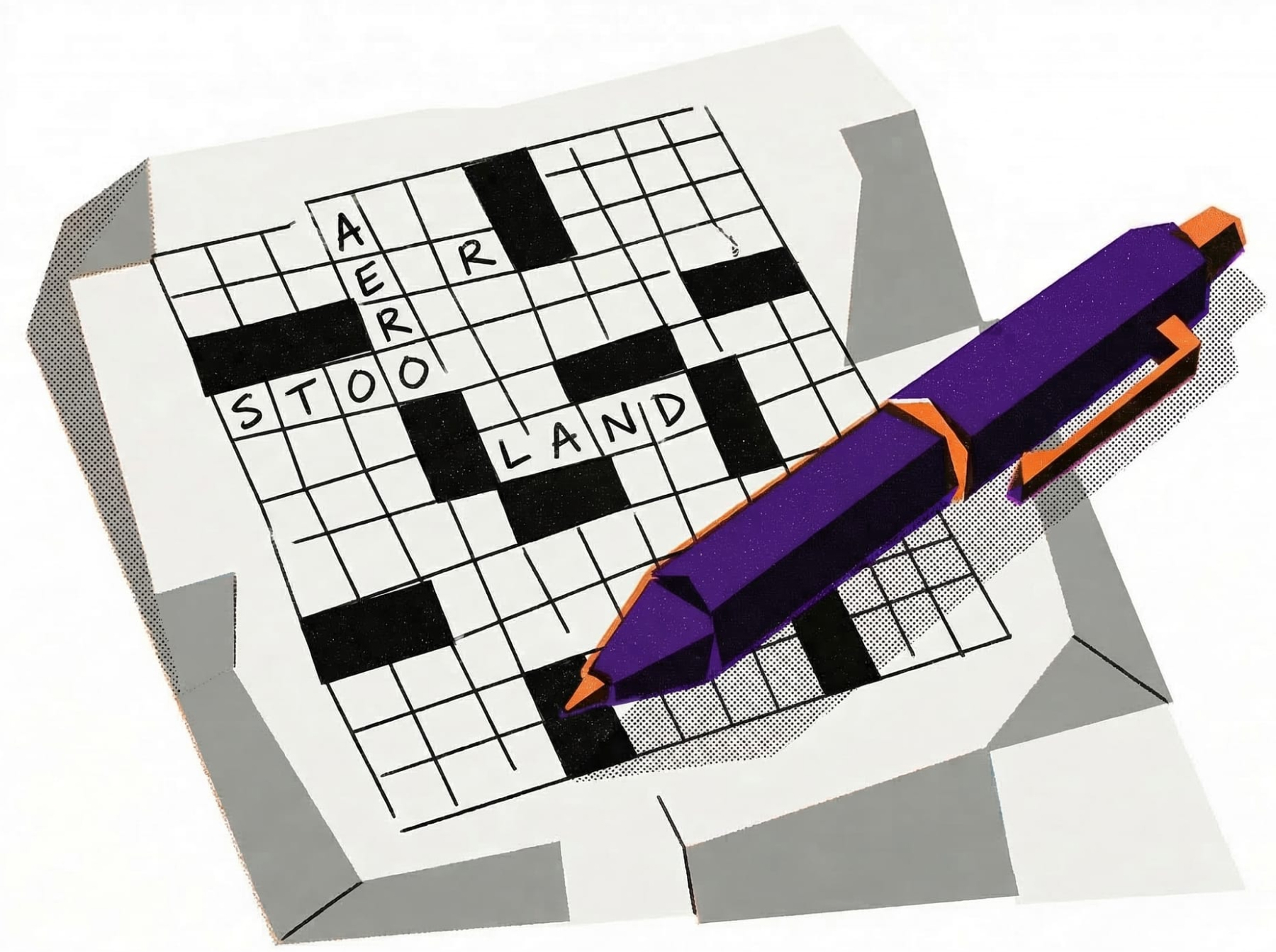 Traditional printable crossword puzzle with pen showing 15x15 grid and handwritten letters