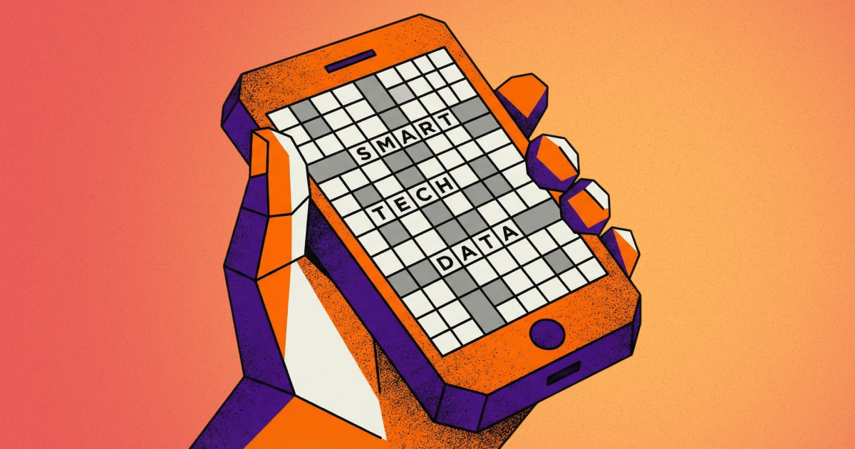 Online crossword puzzle on smartphone with grid and color-coded interface (geometric vector illustration)
