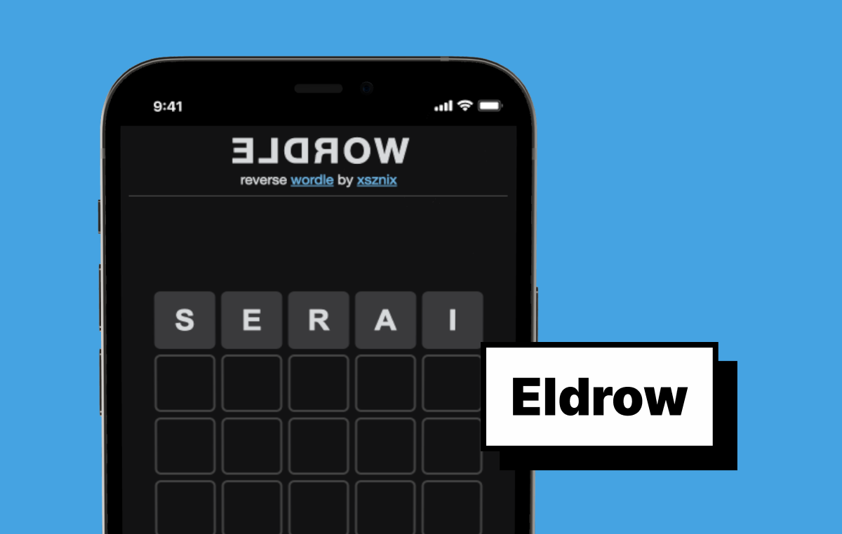 Eldrow reverse Wordle game shown on mobile with a dark five-letter grid and the label Eldrow.