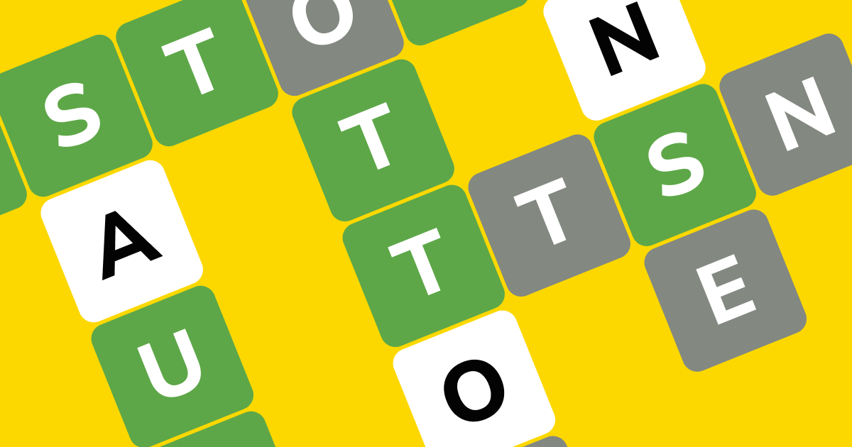 Wordle-style word puzzle graphic showing scattered letter tiles on a bright yellow background, with green, gray, and white tiles arranged in partial word patterns.