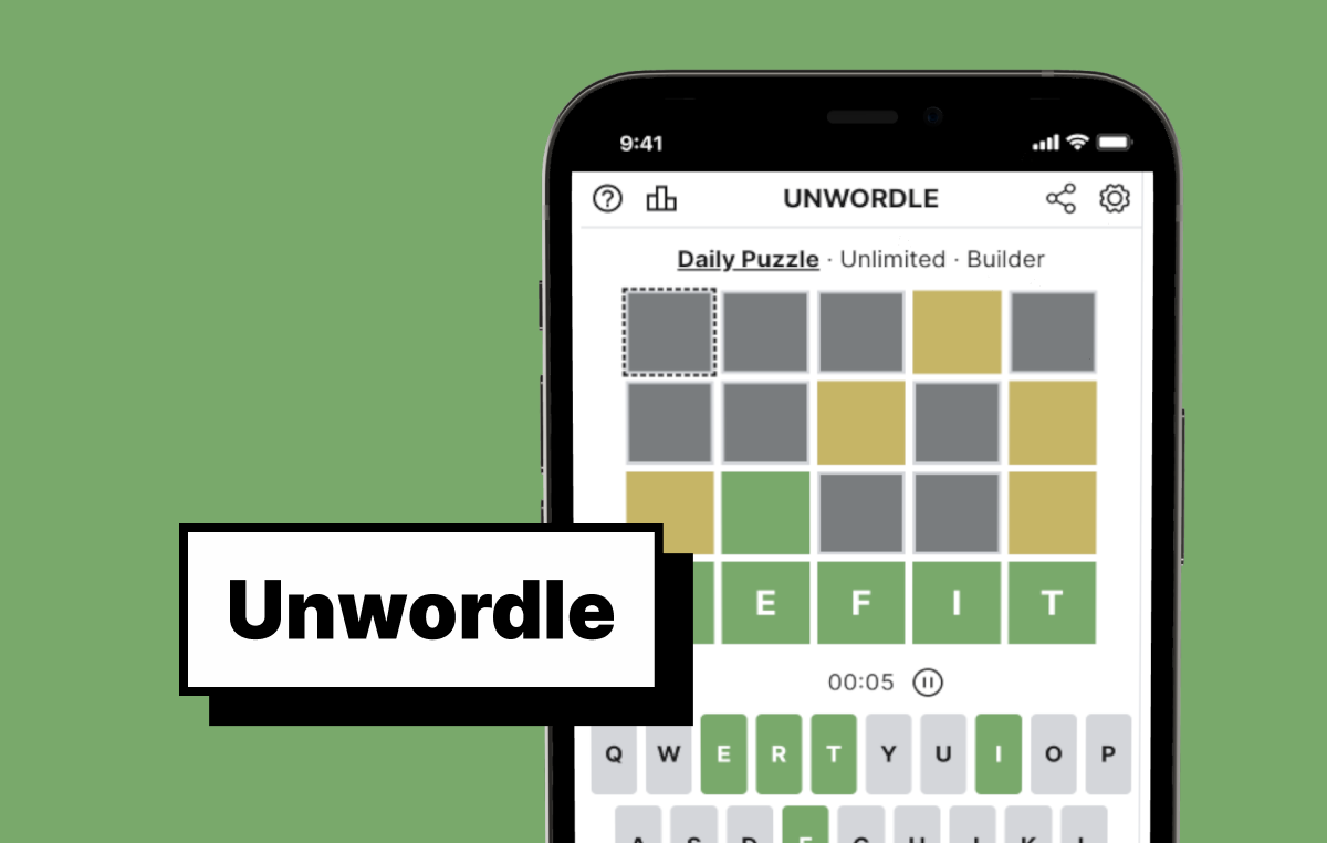 Unwordle reverse Wordle game on mobile showing color feedback tiles, keyboard input, and the label Unwordle.