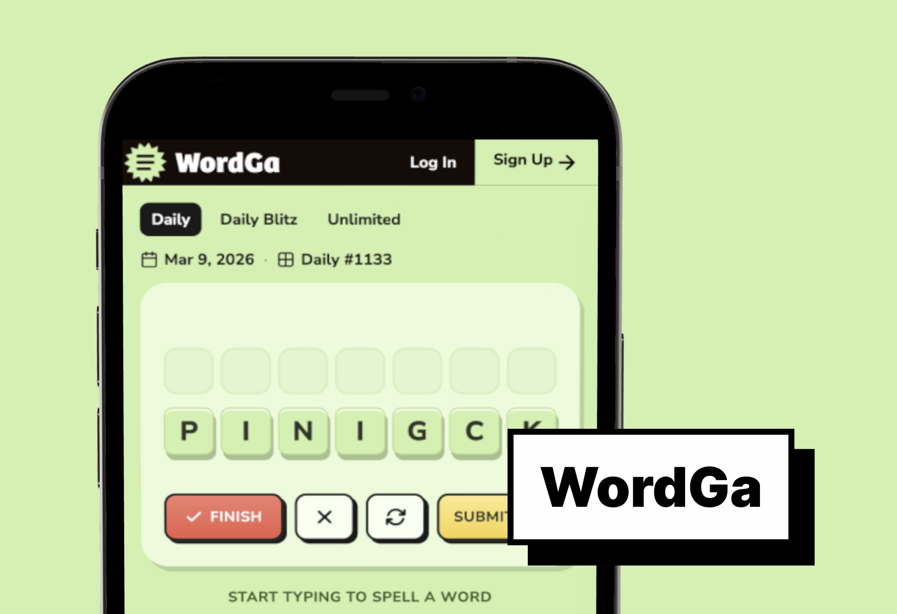 WordGa daily puzzle interface showing 7-letter word formation grid, similar to NYT Spelling Bee