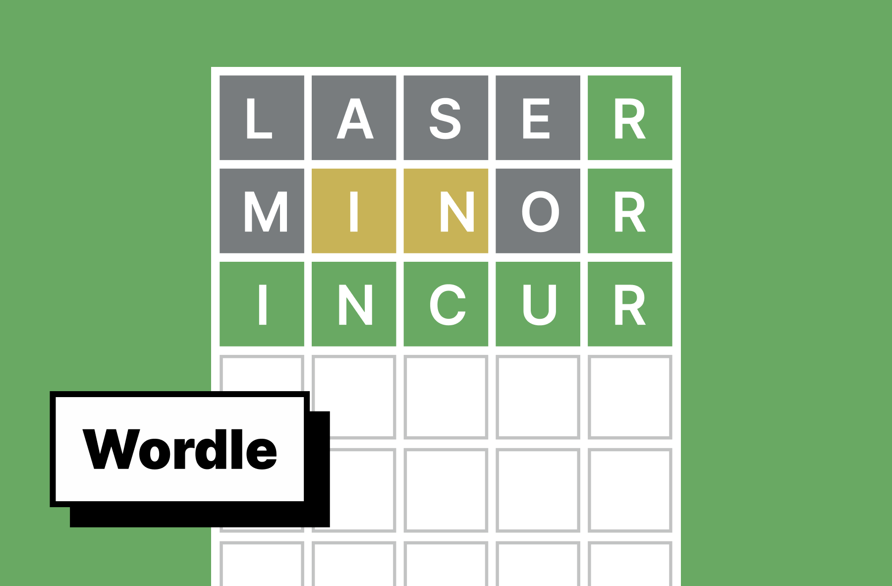 Wordle grid with color-coded letter feedback (green, yellow, gray tiles)