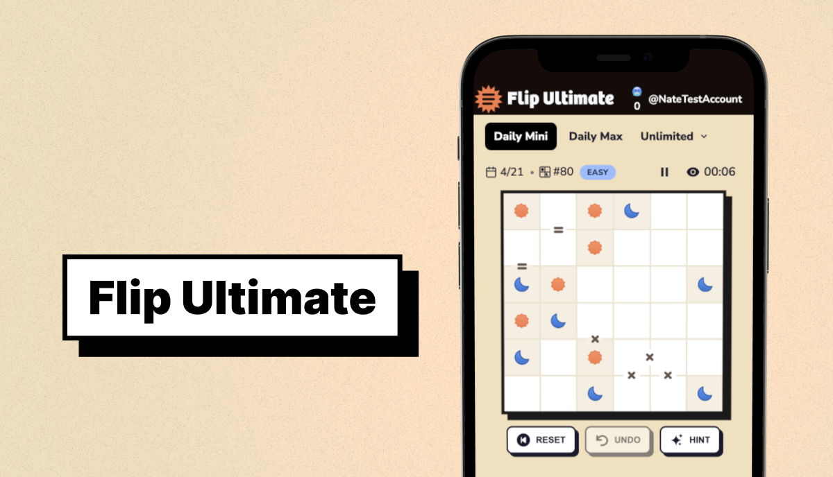 Flip Ultimate mobile game screen showing a Daily Mini puzzle with sun and moon symbols on a grid beside the label Flip Ultimate.