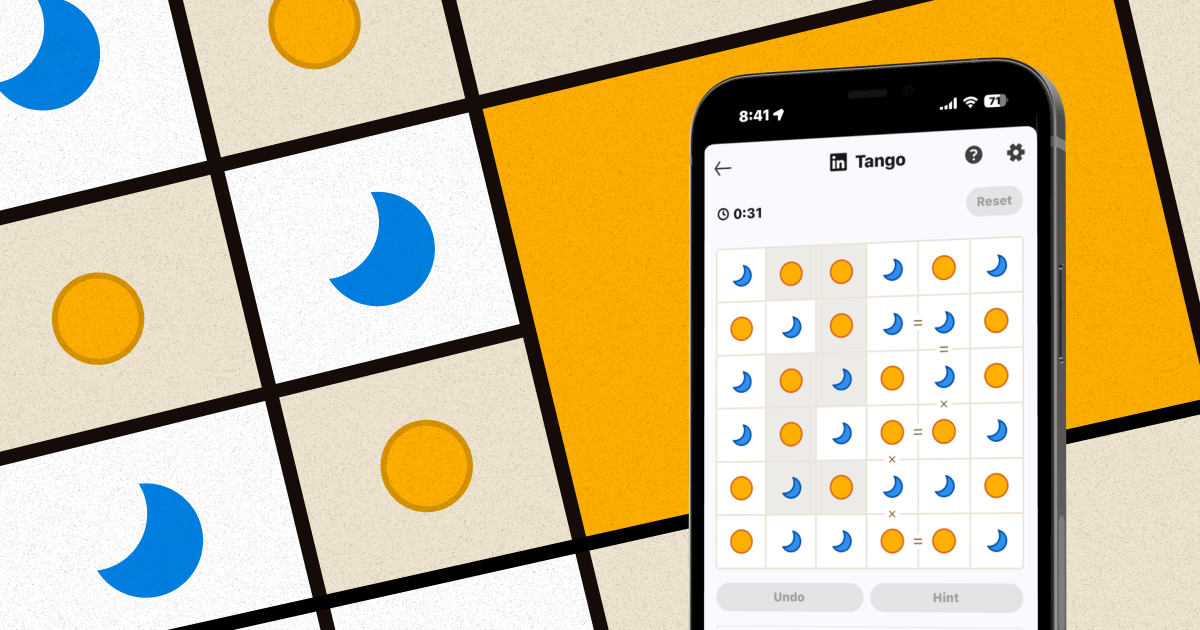 Tango puzzle game on mobile showing a grid of sun and moon symbols with equality and difference clues.