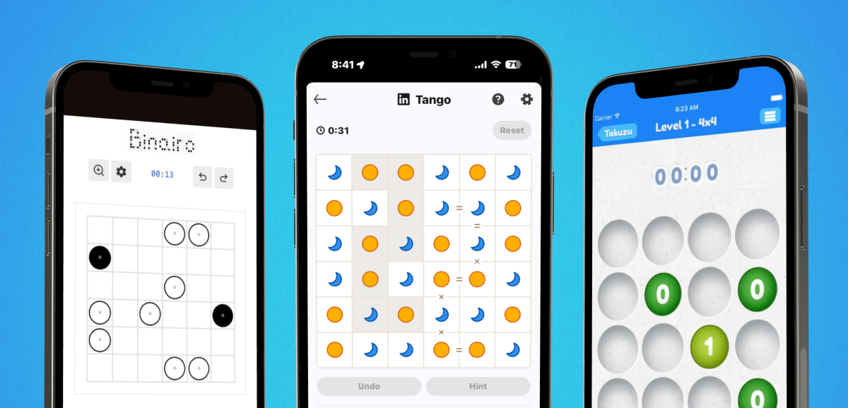 Three mobile screens comparing Binairo, Tango, and Takuzu, each showing a binary-style logic puzzle game interface.