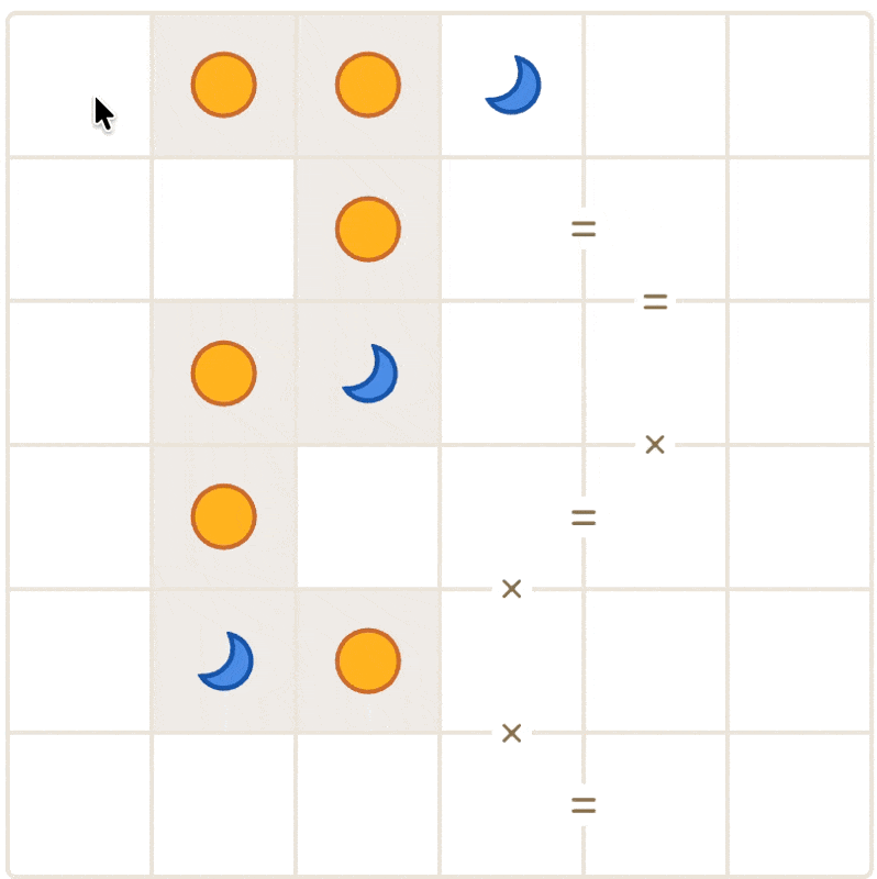 Animated Tango game puzzle showing how to place sun and moon symbols in the grid while following the equality and difference clues.
