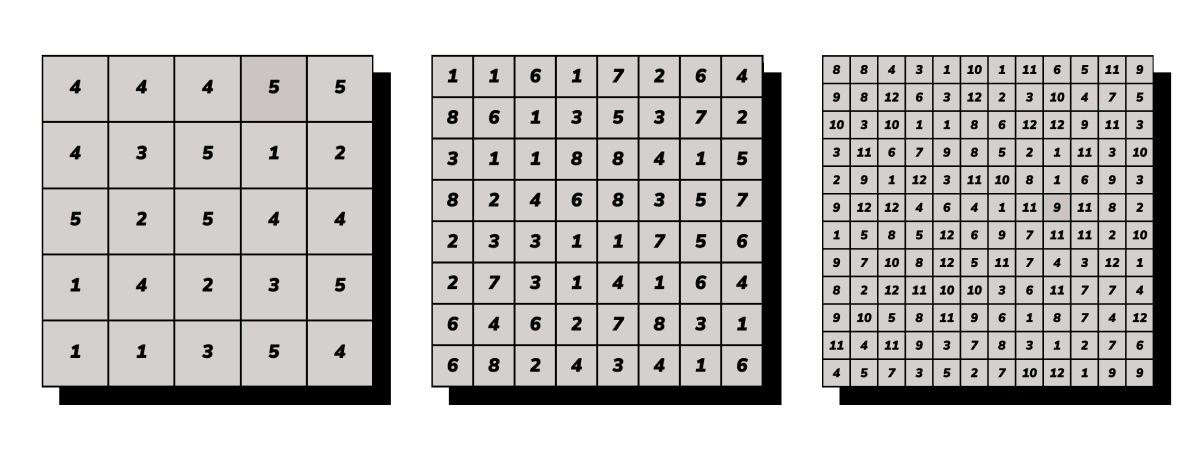 Three Hitori puzzle grids in increasing sizes, showing how the game scales from smaller beginner boards to larger and more complex layouts.