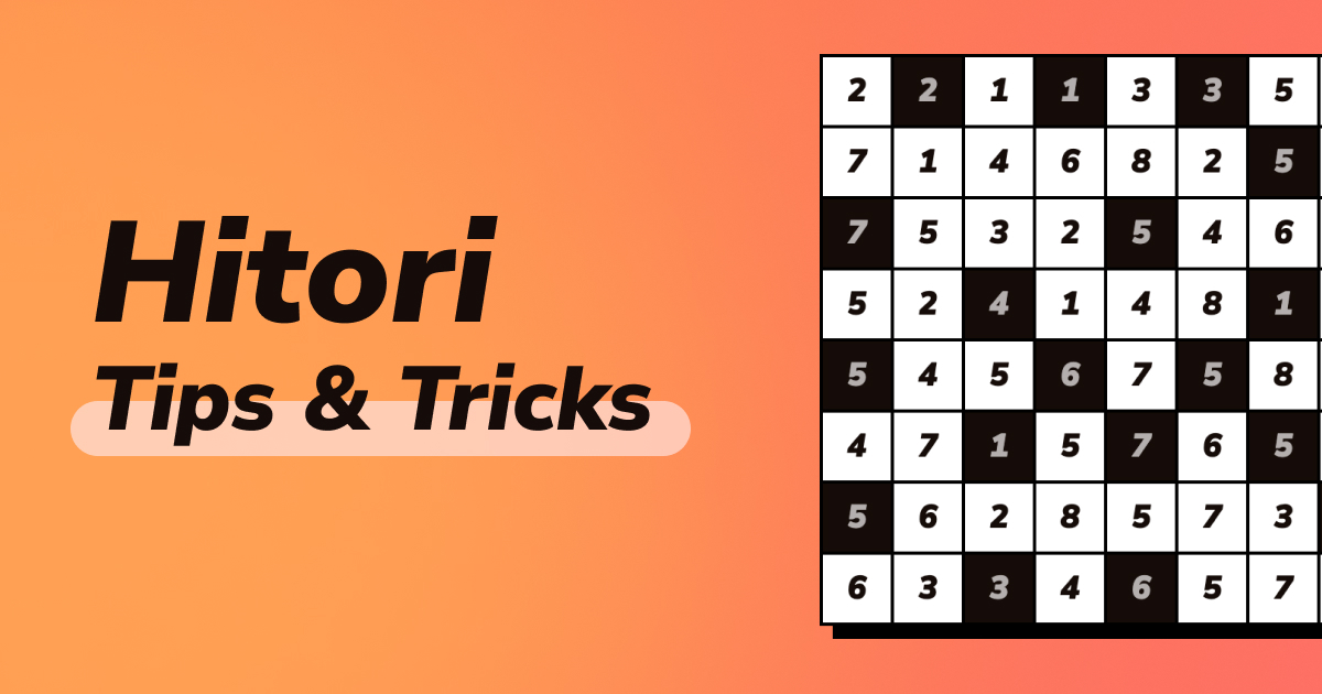 Hitori puzzle grid with shaded squares and white cells showing the basic techniques to solve Hitori puzzles