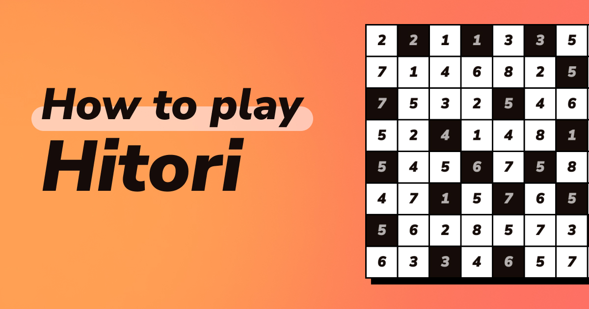 Header graphic for a how to play Hitori guide showing the title text beside a Hitori puzzle grid with blacked-out cells.