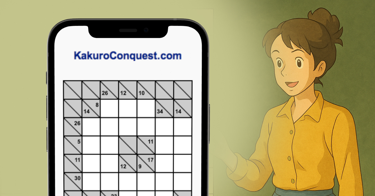 Illustration einer jungen Frau neben einem Smartphone, das die Kakuro Conquest Website mit einem 6x6 Rätsel zeigt