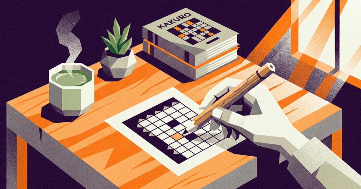 Gemütliche Szene einer Person, die mit Bleistift ein Kakuro-Rätsel löst, daneben eine dampfende Tasse Tee, eine Pflanze und ein Stapel Kakuro-Rätselbücher