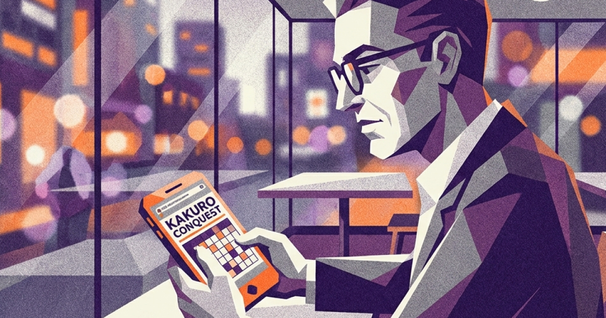 Illustration eines Geschäftsmannes mit Brille, der auf seinem Smartphone Kakuro Conquest spielt, im Hintergrund eine abendliche Stadtkulisse mit Lichtern