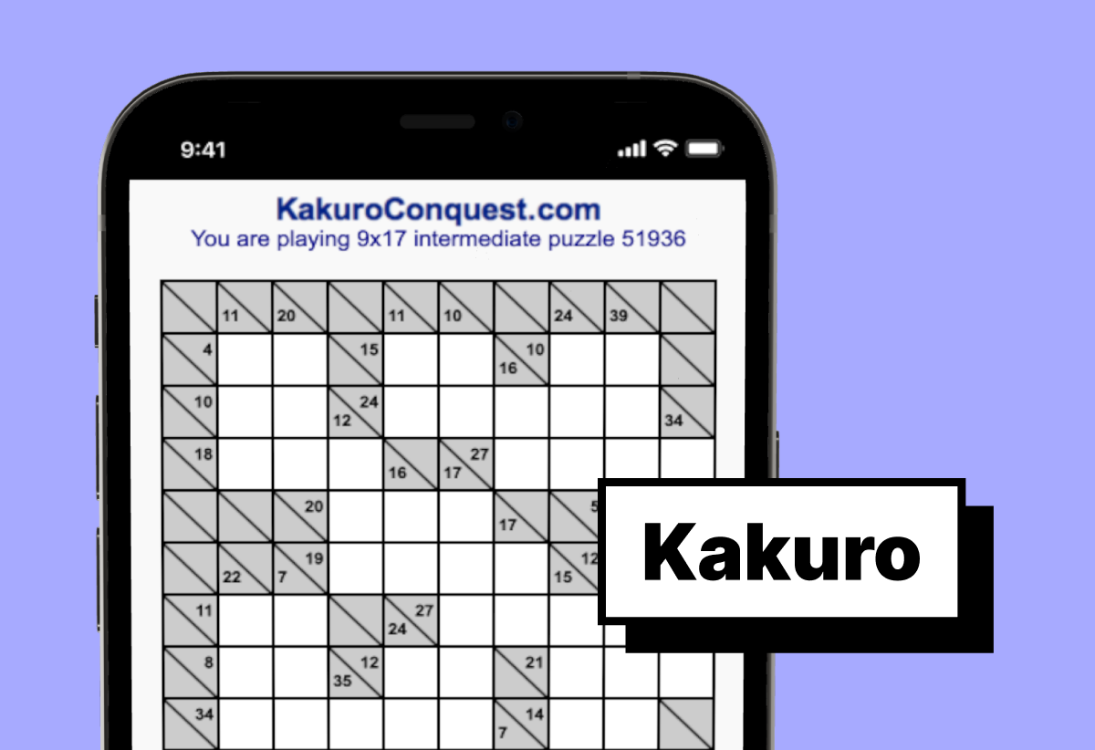 Kakuro game displayed on a mobile phone using a 9x17 grid size board