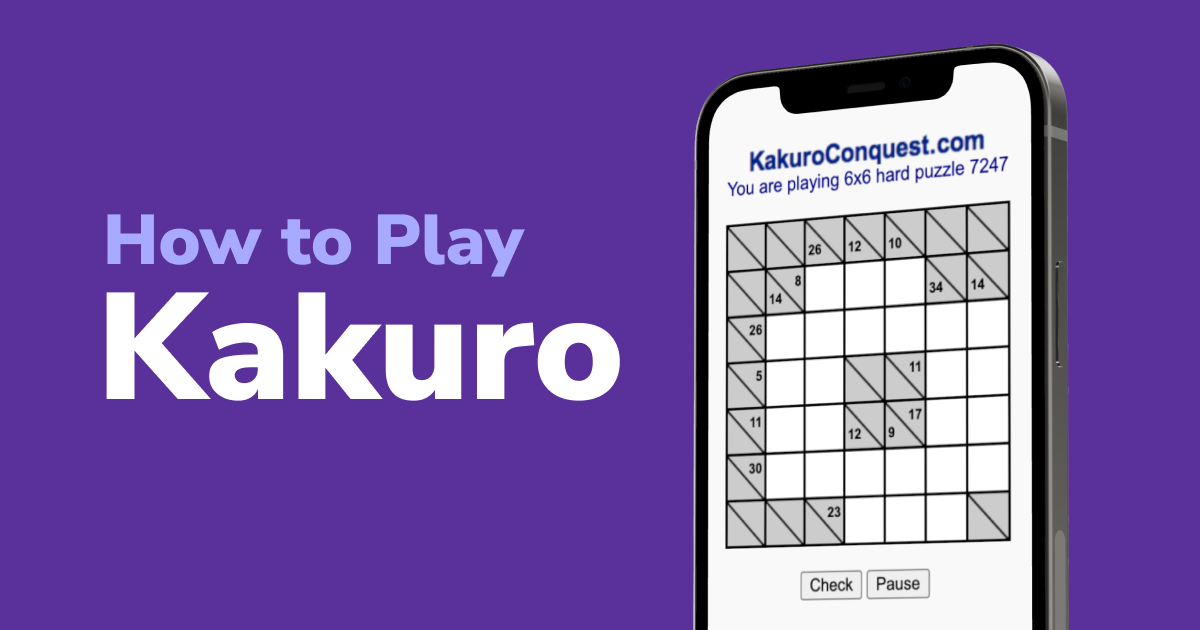 KakuroConquest.com 6x6 hard Kakuro puzzle displayed on mobile, showing clue numbers in diagonal cells and empty entry cells