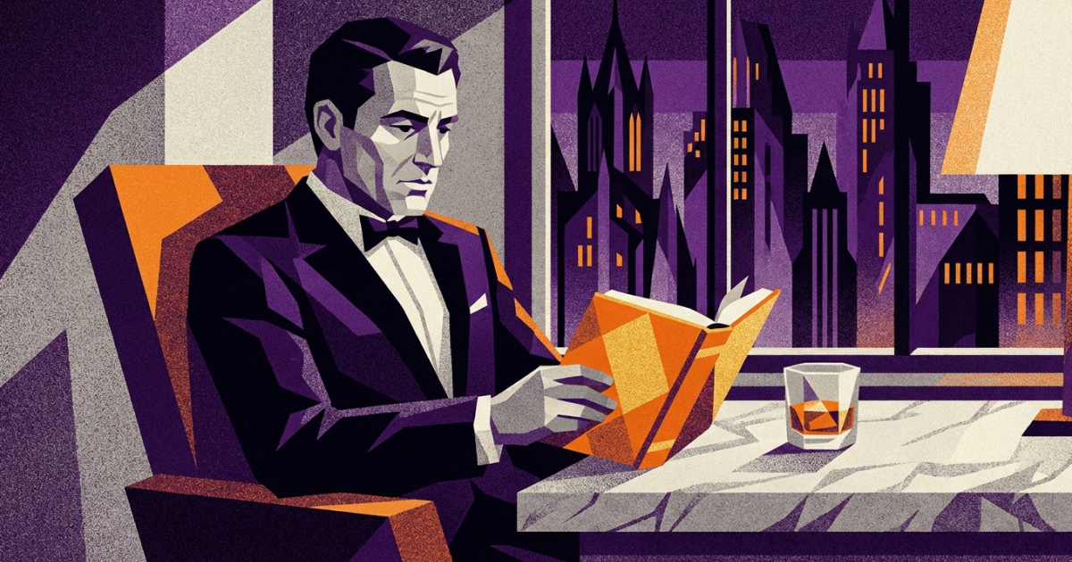 Art deco style illustration of a man in a tuxedo reading an orange book with a whiskey glass beside him, city skyline visible through the window. Evokes 1960s sophistication and the idea of Kakuro product placement in shows like Mad Men.