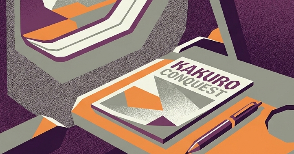 Retro-style illustration of a Kakuro Conquest magazine on an orange desk with a pen beside it and a desk lamp overhead. Represents the concept of a dedicated Kakuro puzzle publication. Purple, orange, and cream color scheme.