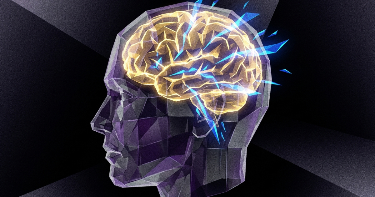 Geometric illustration of a human head in profile with a glowing golden brain and blue electric neural sparks, representing futuristic brain chip technology for playing Kakuro puzzles. Dark purple and gold color scheme.