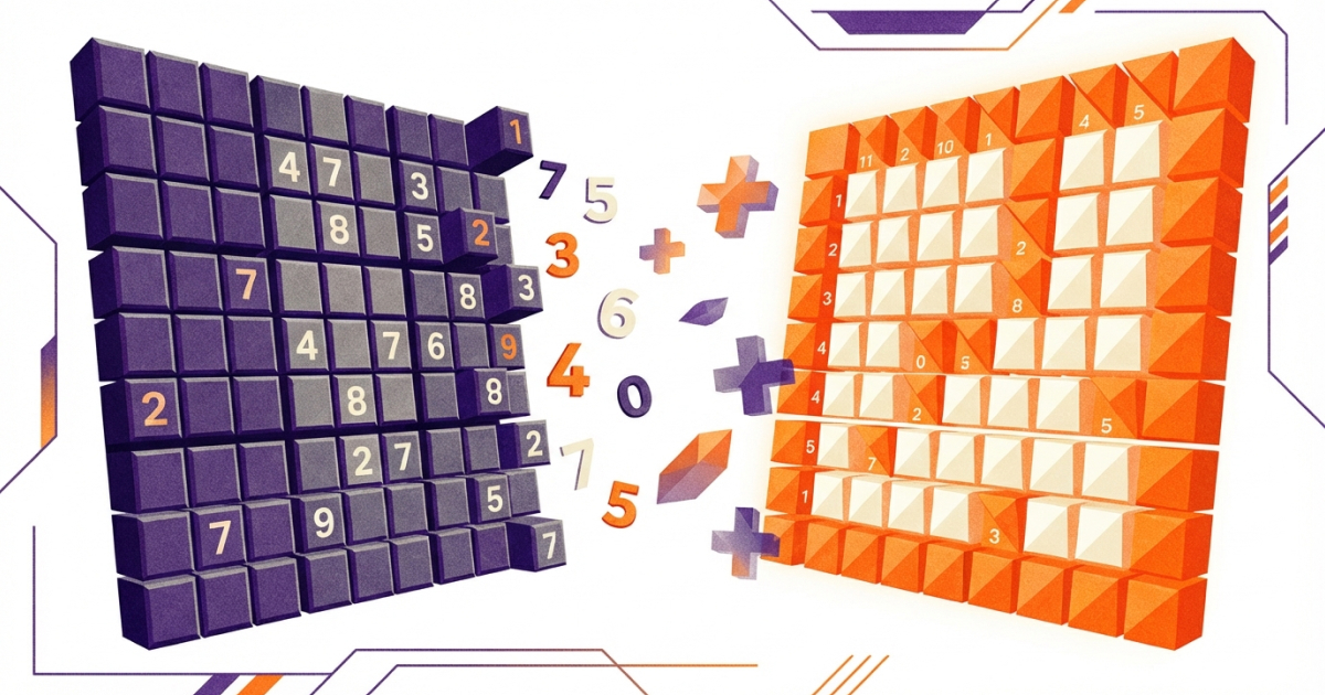 Illustration zeigt die Entwicklung von Sudoku zu Kakuro: Ein lila Sudoku-Gitter links verwandelt sich in ein orangefarbenes Kakuro-Gitter rechts, mit schwebenden Zahlen und Pluszeichen dazwischen, die das mathematische Element darstellen.