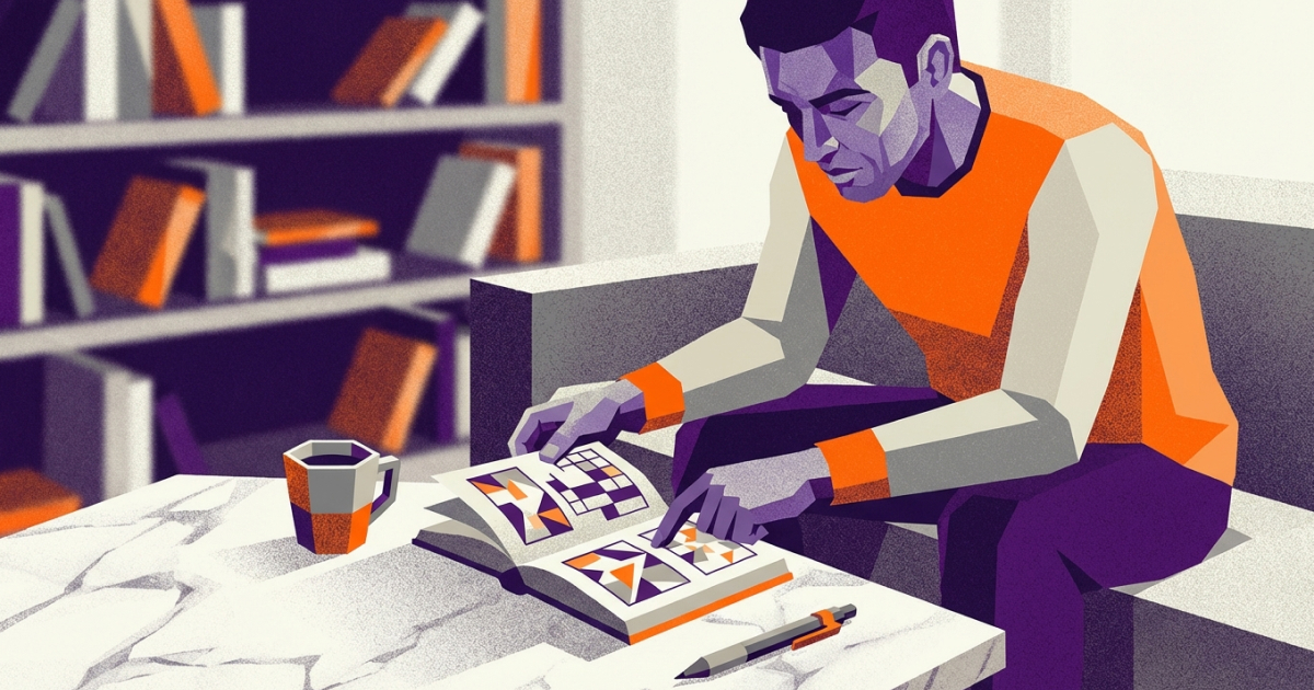 Illustration eines erwachsenen Mannes, der zu Hause ein Kakuro-Rätselbuch löst. Er sitzt an einem Tisch mit Kaffeetasse und Stift, Bücherregale im Hintergrund. Repräsentiert den Kidult-Trend. Lila und orangefarbener geometrischer Stil.