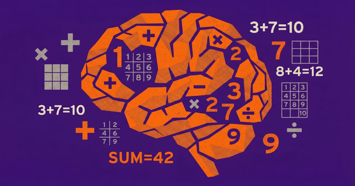 Angular geometric brain silhouette filled with arithmetic symbols and number grids illustrating Kakuro's cognitive training benefits