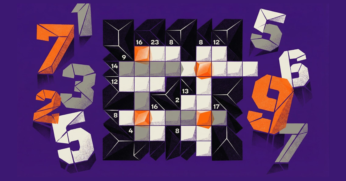 Kakuro puzzle grid with geometric faceted illustration style showing numbered clue cells and digit-entry cells in deep purple and orange