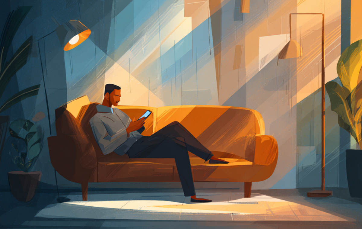 Man sitting on couch doing a daily math challenge