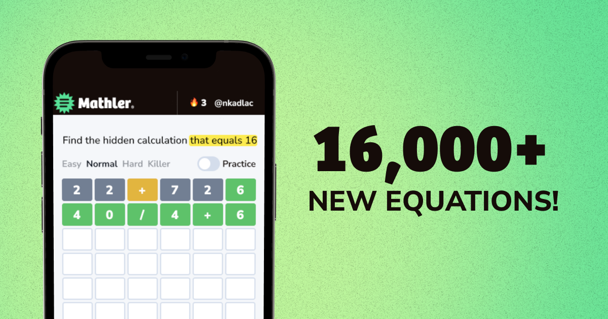 Mathler game on a smartphone showing a puzzle in progress with the target number 16. Two guesses are visible with green, yellow, and gray tiles indicating correct, misplaced, and incorrect characters. Text beside the phone reads
