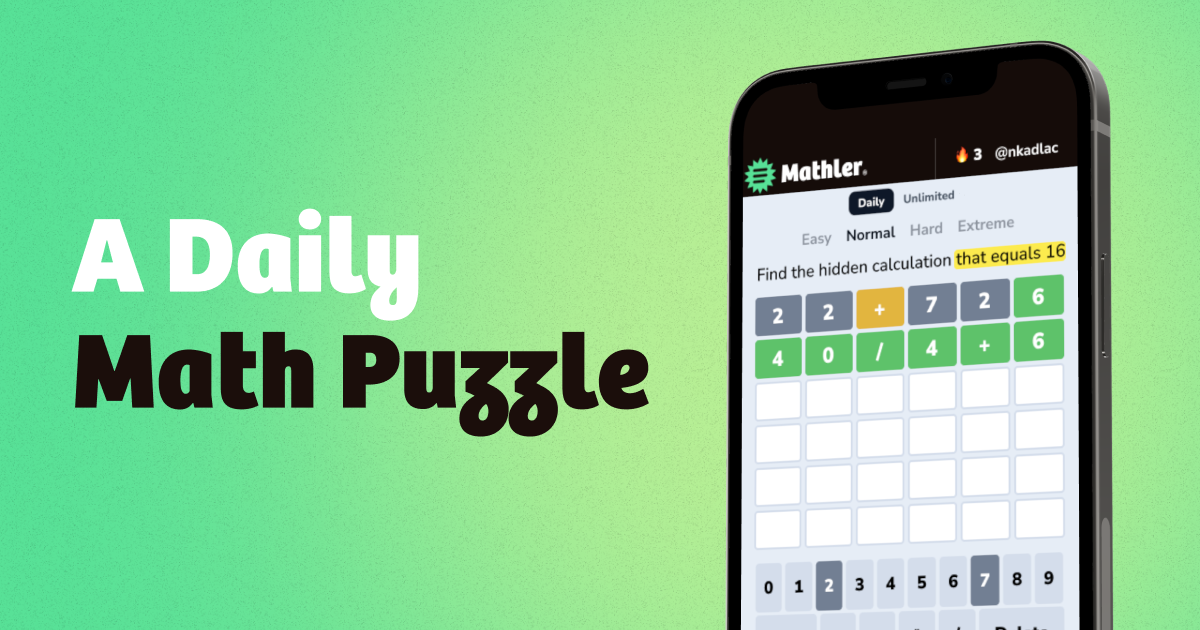 Mathler mobile game screen with a daily math puzzle interface and colored equation tiles beside the words “A Daily Math Puzzle.”