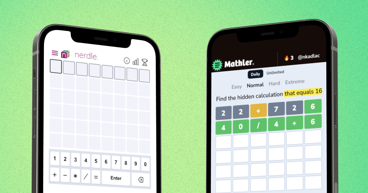 Side-by-side mobile screens comparing Nerdle and Mathler, showing two online math puzzle game interfaces with equation grids and number keyboards.