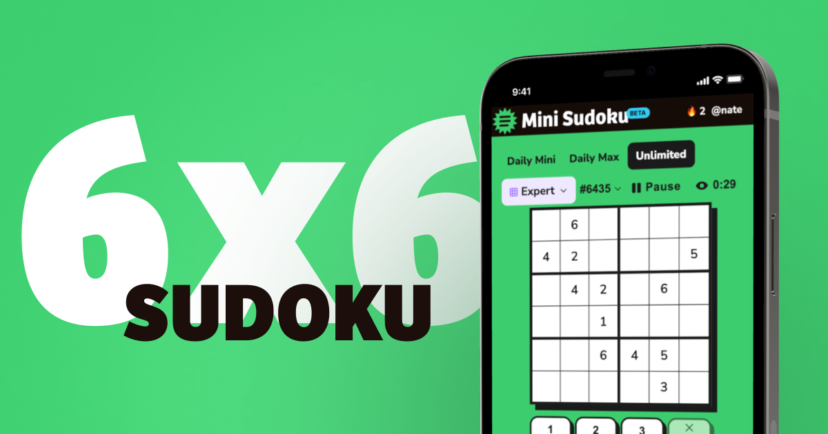 Mini Sudoku mobile app interface showing a free 6x6 sudoku puzzle with daily and unlimited play modes