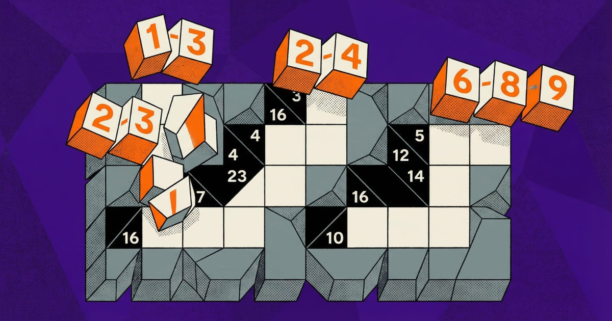 Kakuro puzzle grid showing clue numbers and valid digit combinations in geometric illustration style
