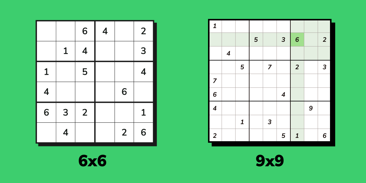 Side-by-side comparison of a 6x6 mini sudoku puzzle and a classic 9x9 sudoku puzzle showing the difference in grid size