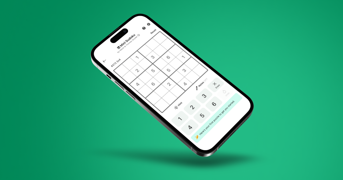 An iPhone with LinkedIn Mini Sudoku on the interface tilted at an angle on a green backdrop