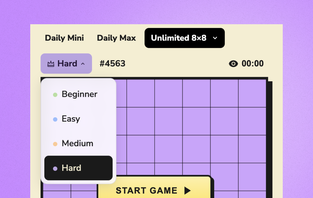 Queens Ultimate game interface showing an 8x8 puzzle setup with a difficulty dropdown menu open and Hard selected.