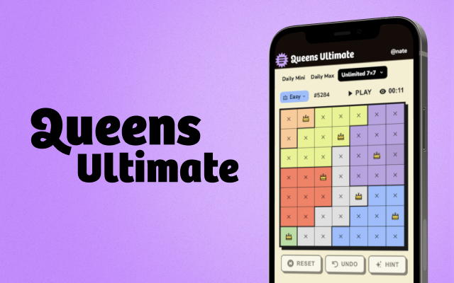 Game displayed on iPhone of Queens Ultimate with a purple gradient background