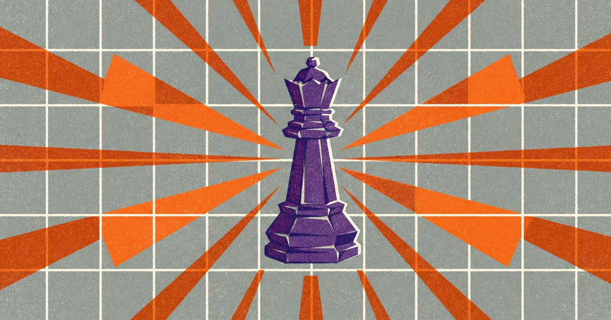 Stylized purple queen chess piece centered on a grid with bold orange rays radiating outward in a geometric editorial illustration.