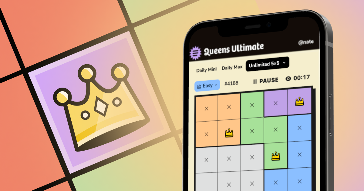 Queens Ultimate mobile game screen showing a color-coded puzzle grid with placed queens beside a large crown icon on a pastel background.