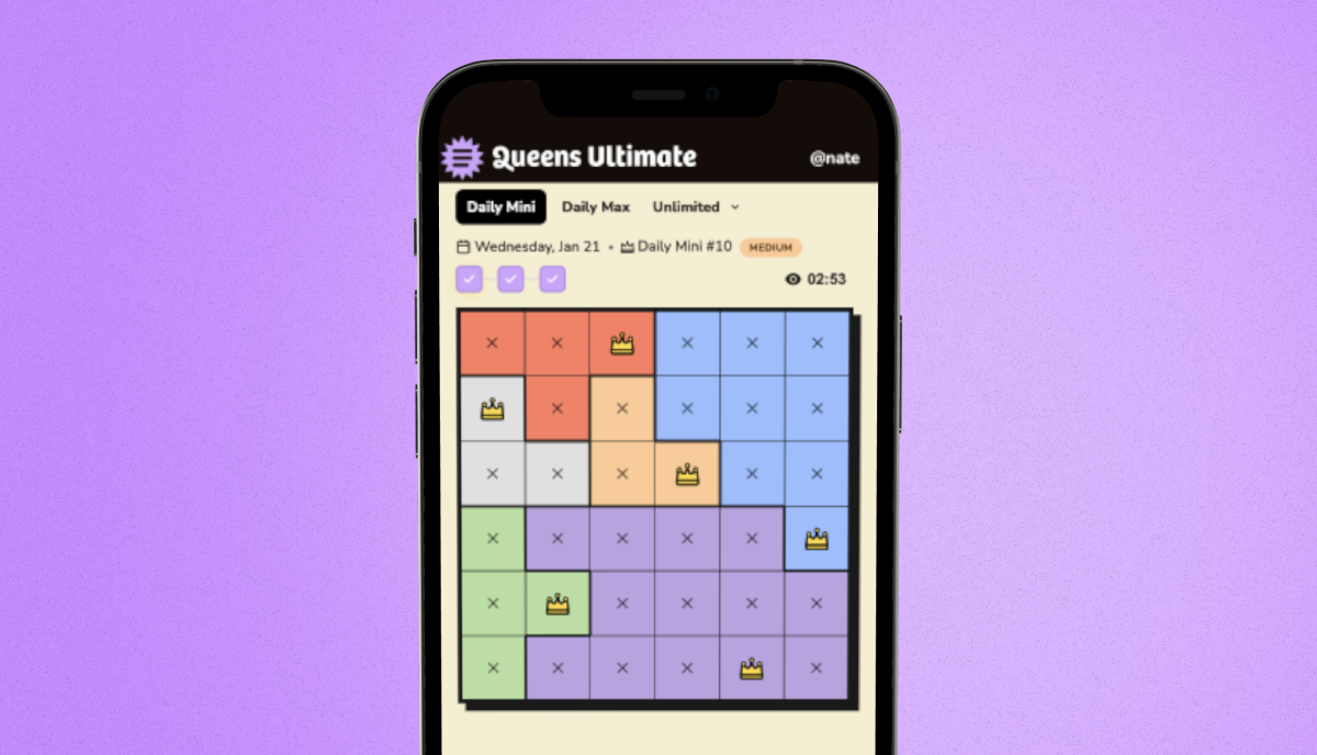 Queens Ultimate Daily Mini mode with three puzzle levels for daily brain training