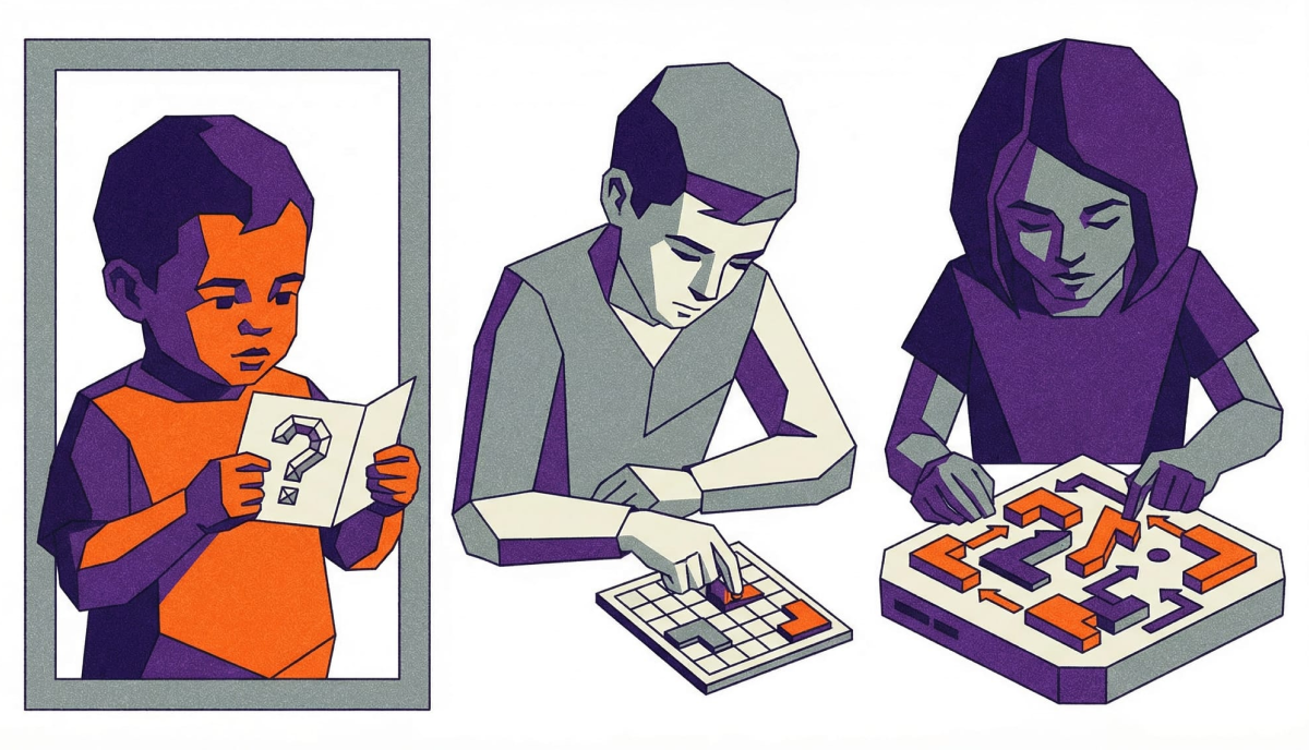 Three-panel illustration showing children at different ages engaging with increasingly complex logic puzzles — from a simple riddle card to a grid puzzle to a multi-step challenge.