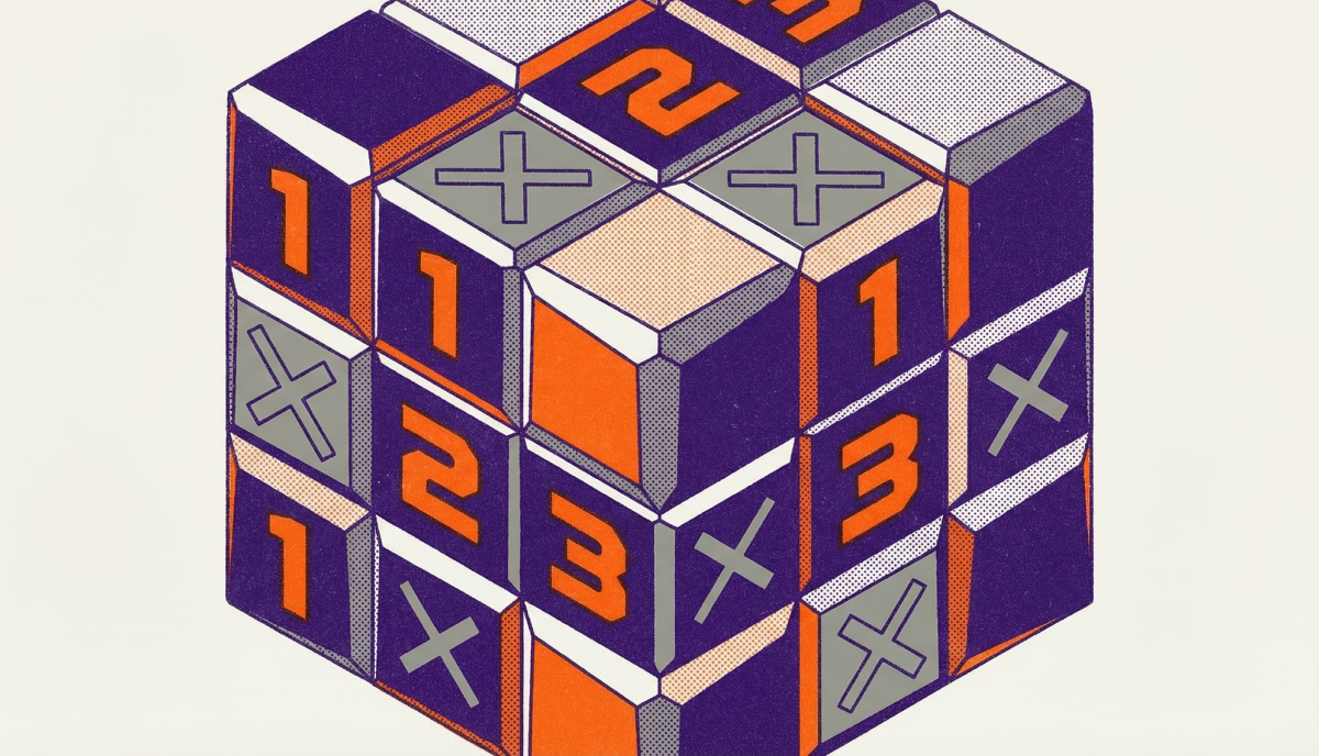 Isometric illustration of a numbered logic puzzle grid with X marks in purple and orange, representing a deductive reasoning challenge for kids.