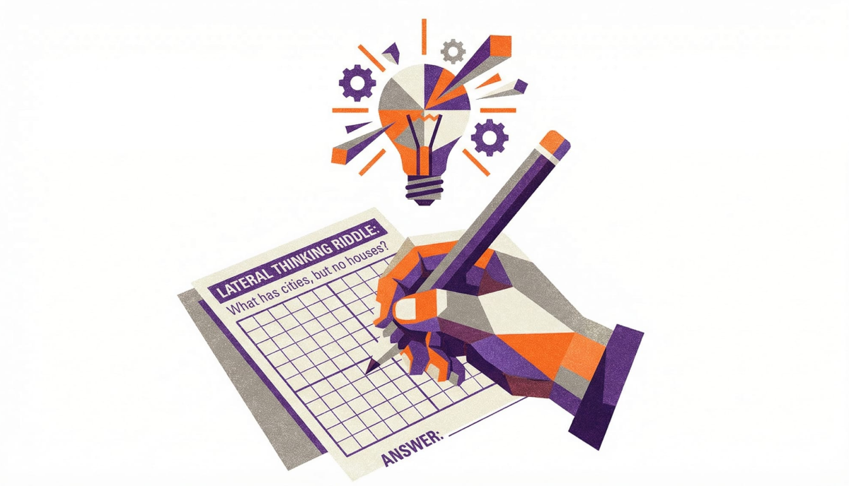 Geometric illustration of a hand holding a pencil over a lateral thinking riddle worksheet, with a fragmented light bulb above symbolizing the moment of insight.