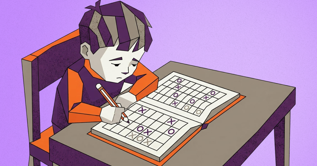 Geometric illustration of a child concentrating at a desk, pencil in hand, working through a logic puzzle grid filled with X marks.